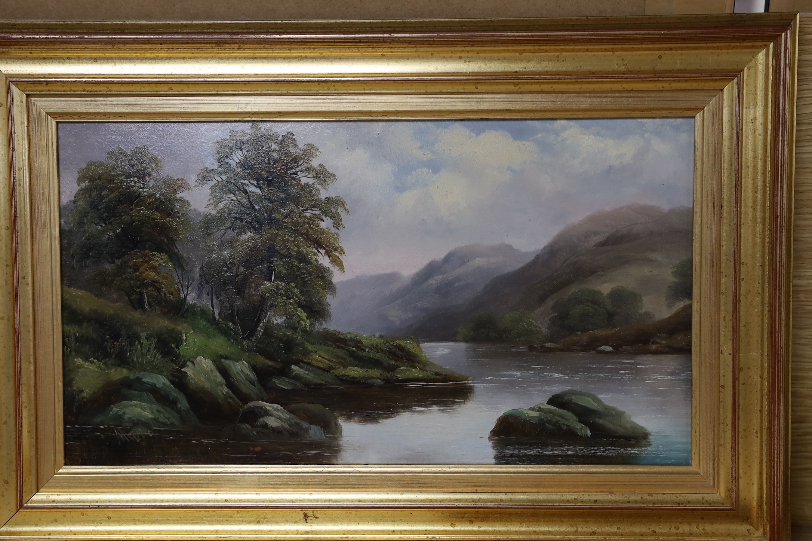 English School, three oils on board, River landscapes, indistinctly signed, 22 x 40cm